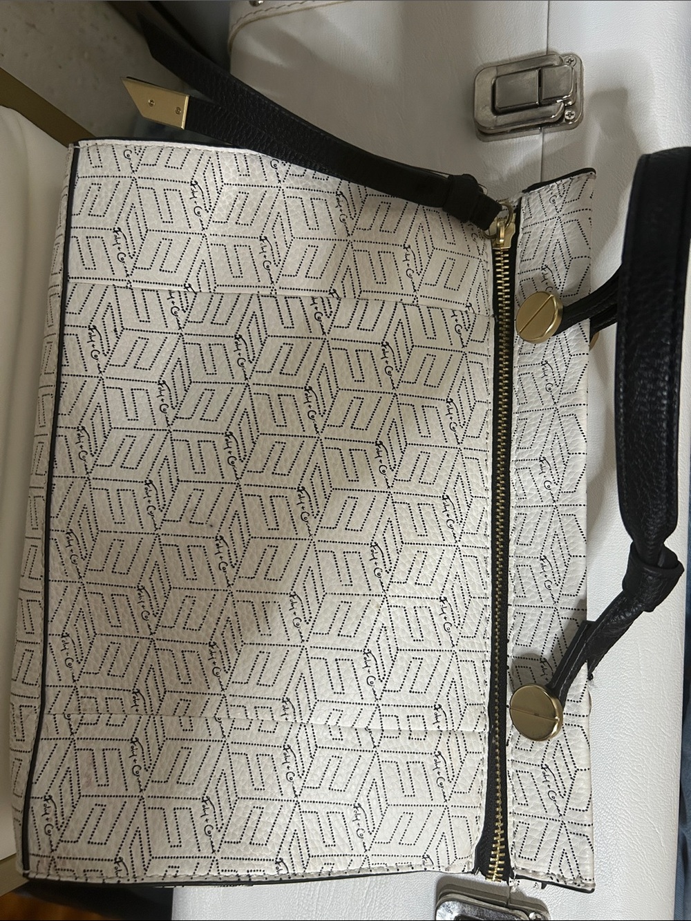 Foley + Corinna White Patterned Tote with Black Trim and Gold Hardware